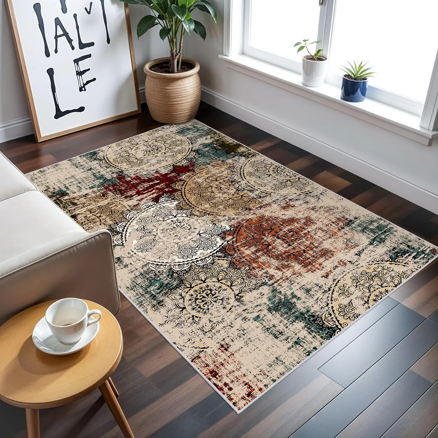 Washable Soft 3x5 Area Rugs: Red Stamped Entryway Non Slip| Mat Low Pile Durability Ease of Vacuuming for Bedside Spot a Coffee Table 3x5 Red Green