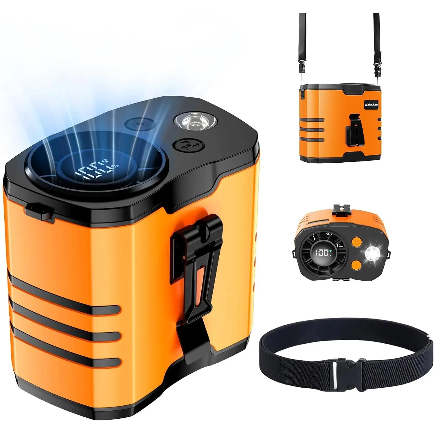 Portable  Fan, Rechargeable Belt Fan with 10-Speed Turbo , 35H Runtime, 130° Wide Airflow  Fan with LED Light, Hands-Free Wearable Fan for Outdoor Work, Camping, Fishing (Orange)
