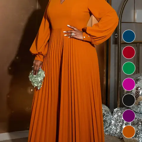 Aomei Elegant Midi Dress, Cut Out Design, Long Sleeve, Fitted, Plain Surface, All Seasons, Comfortable Loose Fit, Pleated Skirt, Dresses with Sleeves