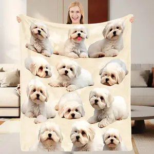 1Pc Cozy White Fluffy Dog Blanket With Adorable Puppy Faces - Soft Plush Flannel Throw Bedspread, Lightweight For All-Season Sofa, Bed, Travel & Camping - Machine Washable Puppy Print Bed Cover For S &