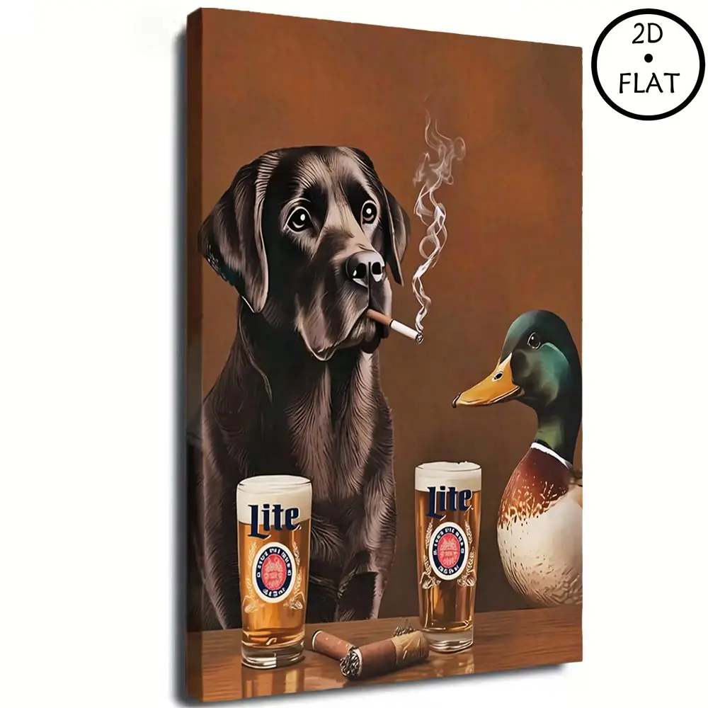 Retro Funny Animal Wall Decor, Abstract Canvas Print of Dog Smoking Cigarette & Drinking Beer and Mallard Pet Art, Vintage Artwork for Bedroom, Living Room & Bar Decoration,  poster for boyfriend  , dopamine   Decor   items