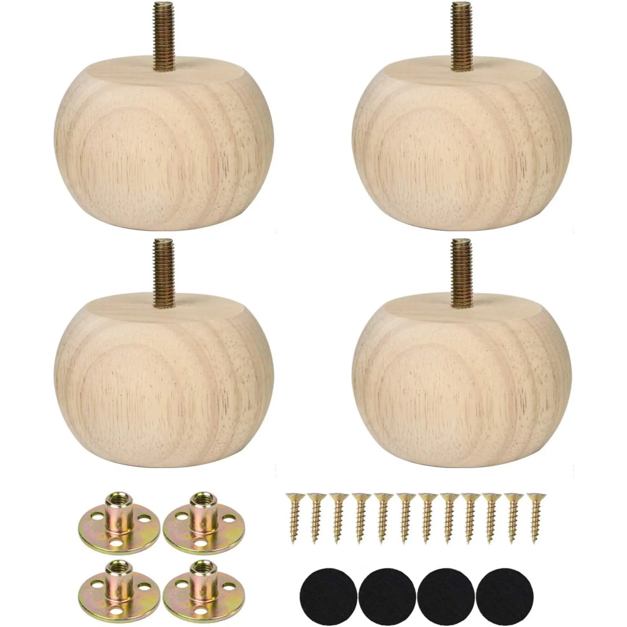 2-Inch Wood Foot Pads for Furniture Hardware, Unfinished Solid Hardwood Round Stool/sofa Legs, Includes 4 M8 Bolts with Pre-Drilled Holes