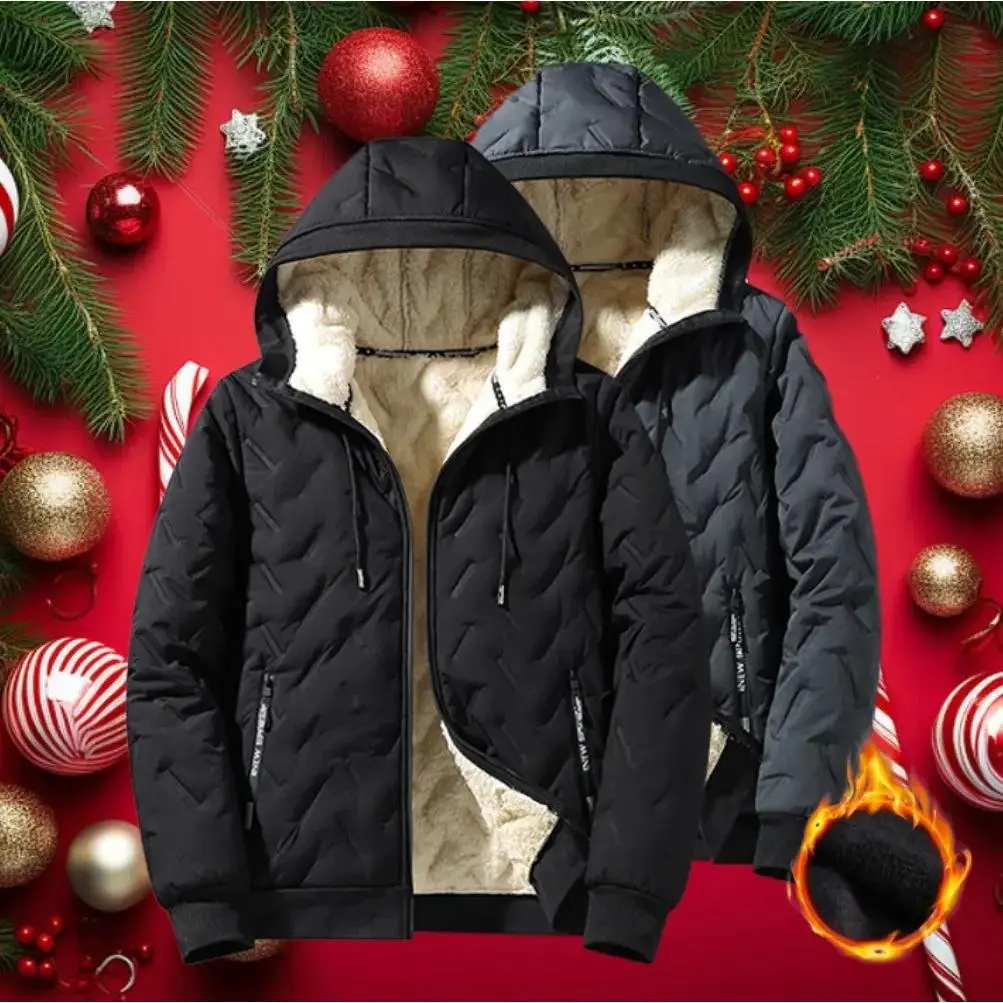 Men's Hooded Padded Coat, Plain Casual Long-Sleeve Fleece-Lined Warm Tops with Ultrasonic Cotton Toothbrush Design, Machine Washable, Back to School Shopping Essential