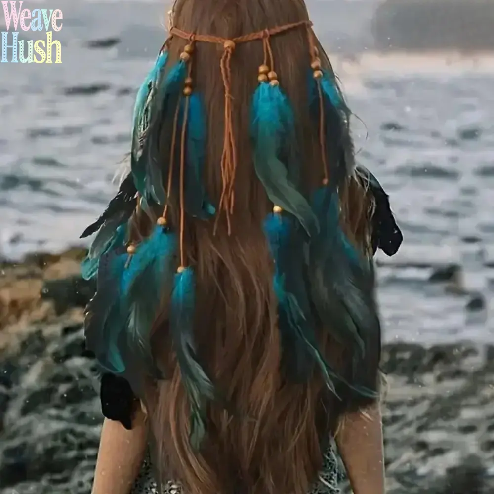 Boho Feather Headband For Women, Handmade Hippie Accessory With Braids & Wood Beads, Lightweight Tie-Back Long Fringe Headpiece, Elegant Hair Accessory For Beach, Festivals, Parties & Birthday Occasions