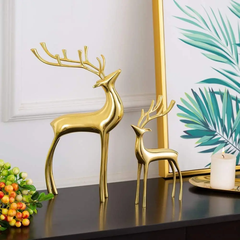 Deluxe Set of 2 Golden Reindeer Figurine Statues, Heavy Christmas Deer Ornaments for Home Decor, Living Room Office Bookshelf Tabletop Mantle Christmas Decoration
