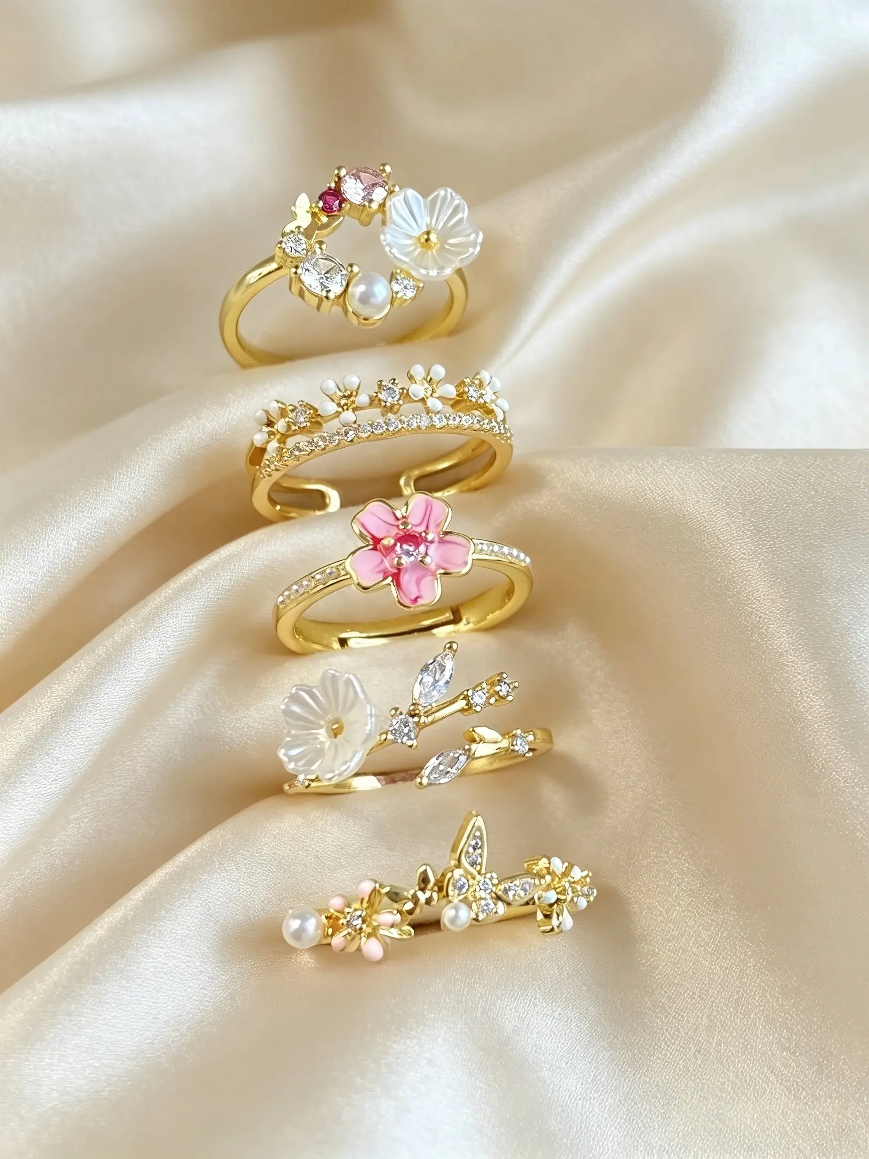 5pcs Elegant Floral, Geometric, Butterfly Design Rings, Cubic Zirconia & Faux Pearl, Adjustable, Daily Wear, Suitable For Women's  Party, Gift, Commute, Banquet, Travel, Photography, Shopping, Dating