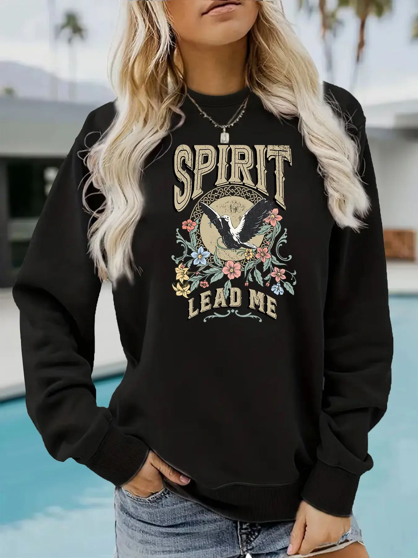 Women’s boho sweatshirt with Christian theme, soft long sleeves, crew neck, graphic pattern, fall and winter, durable fabric