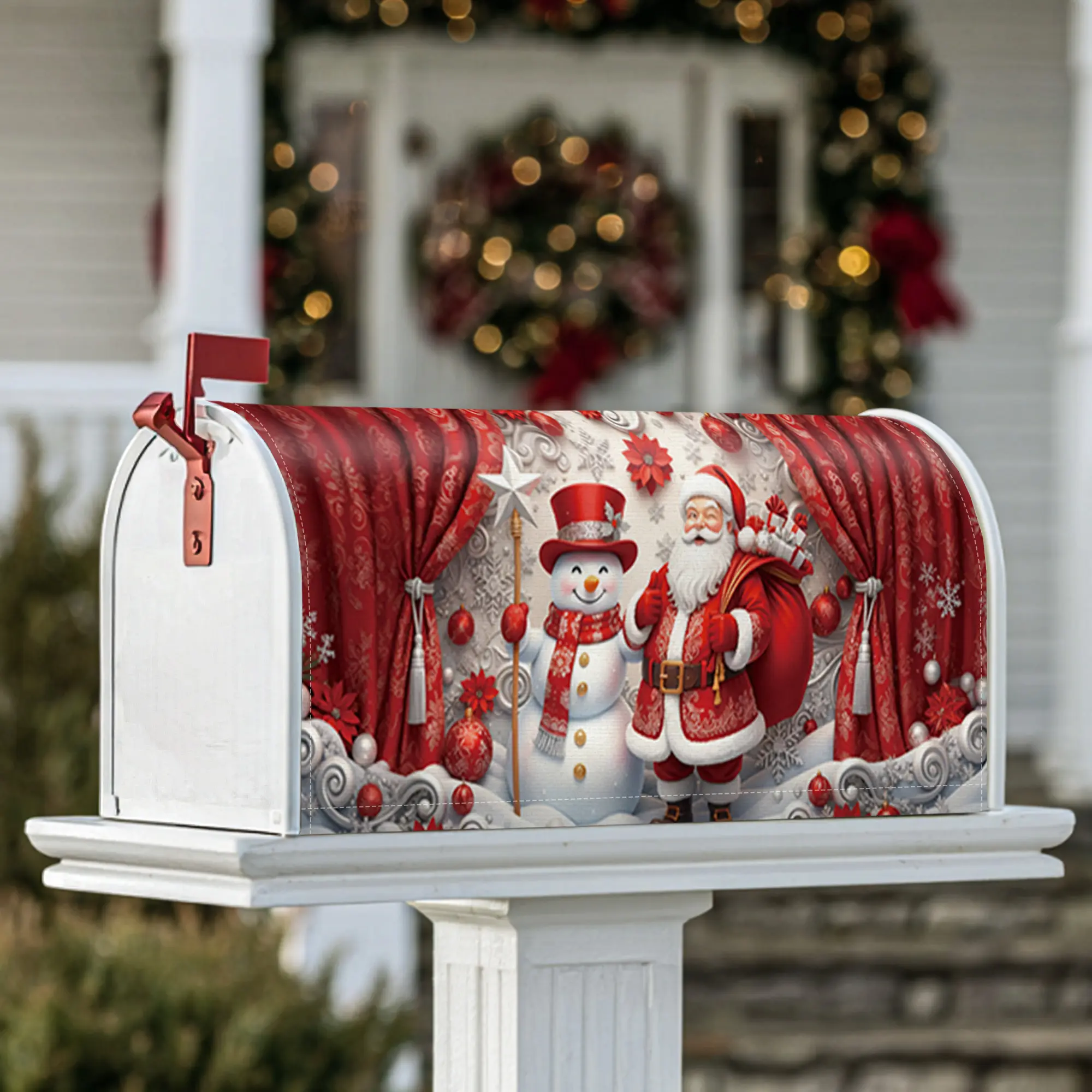 Santa Magnetic Mailbox Covers, Christmas festive snowman presents Christmas red Mailbox Covers for Outside for Front Door Decor