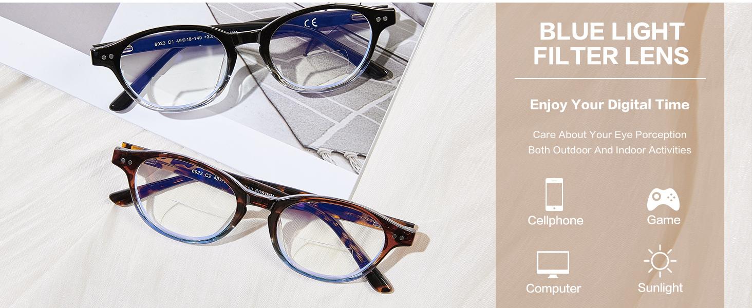 Bifocal Reading Glasses Women Blue Light Computer Progressive Readers Fashion Round Nerd Retro Clear Top Designer Stylish Cute Ladies Oval No Line Eyewear Black Leopard 2 pack LK6023 +300