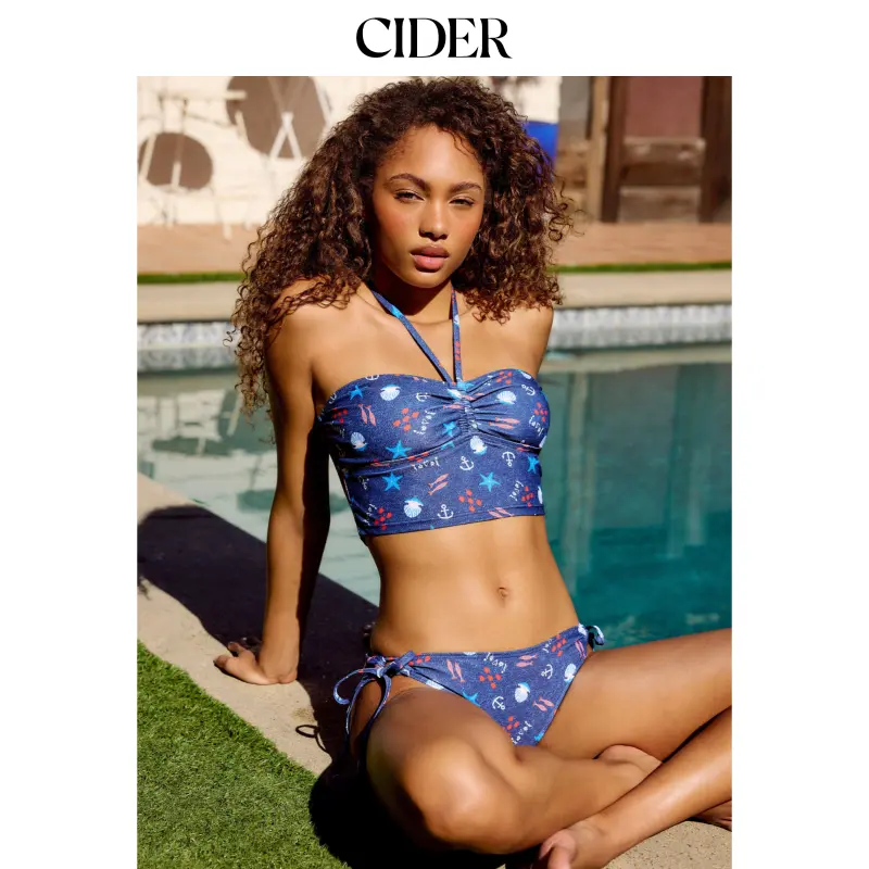 Cider High Stretch Halter Neck Marine Life & Nautical Graphic Tankini Bikini Set