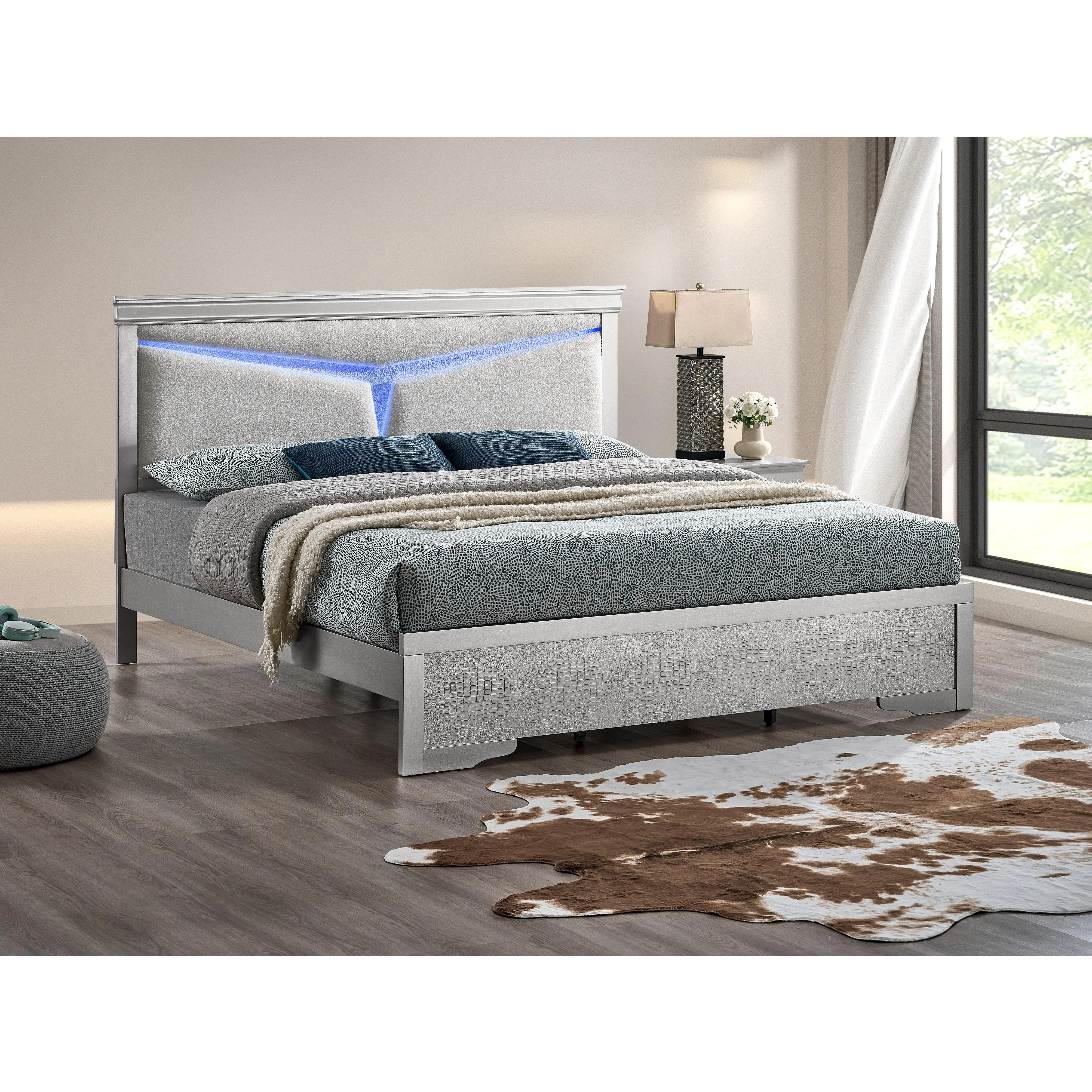 Nokaa Queen Bed Frame with Headboard, Silver Champagne Metal Platform, No Box Spring Needed, Easy Assembly, Modern Bedroom Furniture, Mattress Not Included