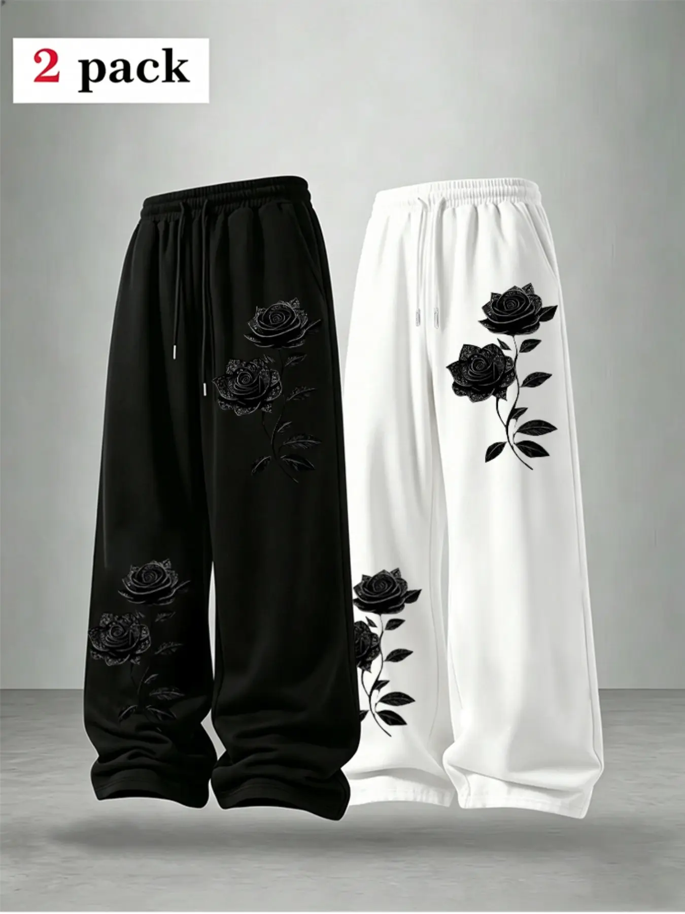 Men's Loose Rose Print Drawstring Sports Pants, Adjustable Waist, Outdoor Versatile Long Pants, Straight Leg Casual Pants, Athleisure Pants, Knitted Sports Pants, Casual Sporty Pants