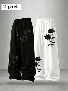 Men's Loose Rose Print Drawstring Sports Pants, Adjustable Waist, Outdoor Versatile Long Pants, Straight Leg Casual Pants