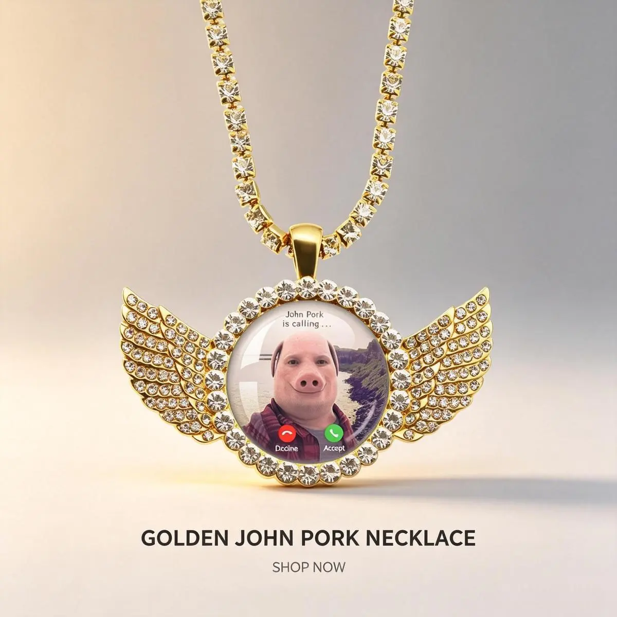 John Pork Meme Necklace - 16-18in Length Anti-Oxidation Alloy Jewelry, Gold-Plated Metal Moon Pendant, Gradient Beads, Heart Charm Rosary Chain, Hypoallergenic Unisex Accessory for Adults, Internet Humor and Fashion Enthusiasts with Personality