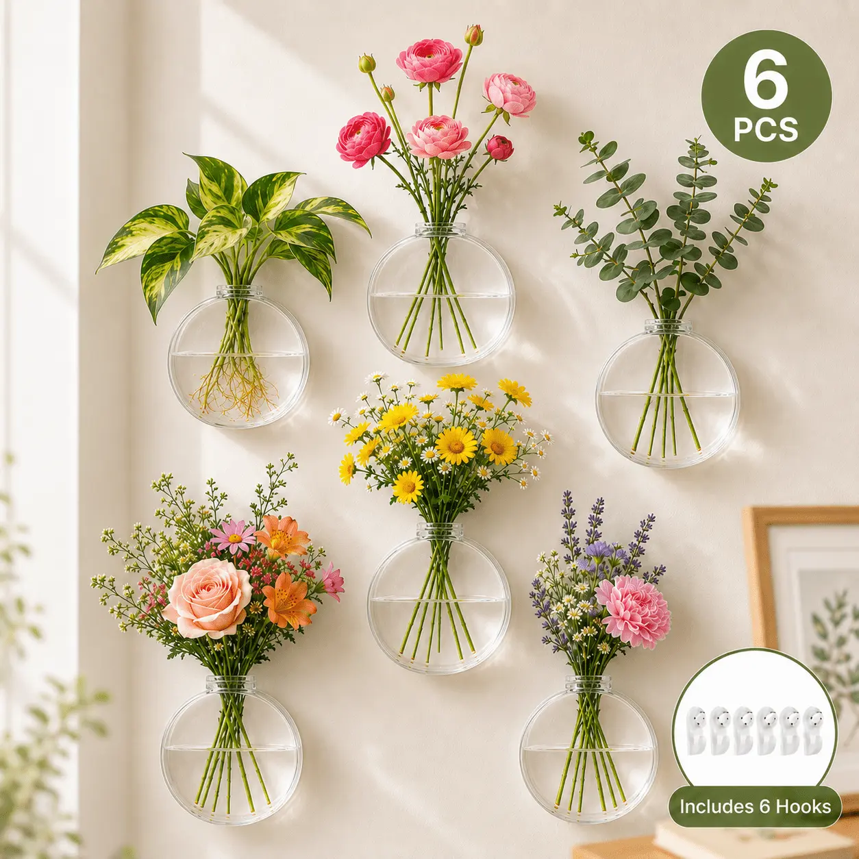 6pcs Wall Hanging Hydroponic Plastic Vase Set Pack - Transparent Indoor Garden Planter, Creative Small Wall Decor Fish Tank, Modern Simple Design