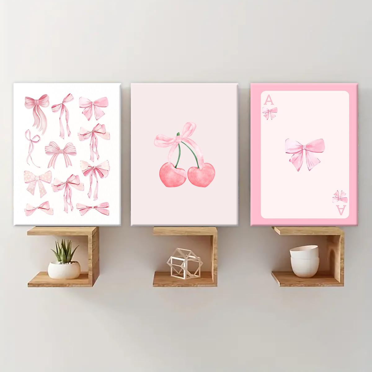 Wooden Framed Canvas Painting, 3 Counts/set Cute Bow Pattern Artistic Wall Art for Girl, Wall Decor for Home Living Room Bedroom Office