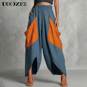 UOOZEE Women's Boho Color Block Patchwork Wide Leg Cropped Pants, Casual Streetwear  Elastic High Waist Split Hem Loose Trousers with Pockets, Relaxed Hip Fit, Size Down for Slim Look