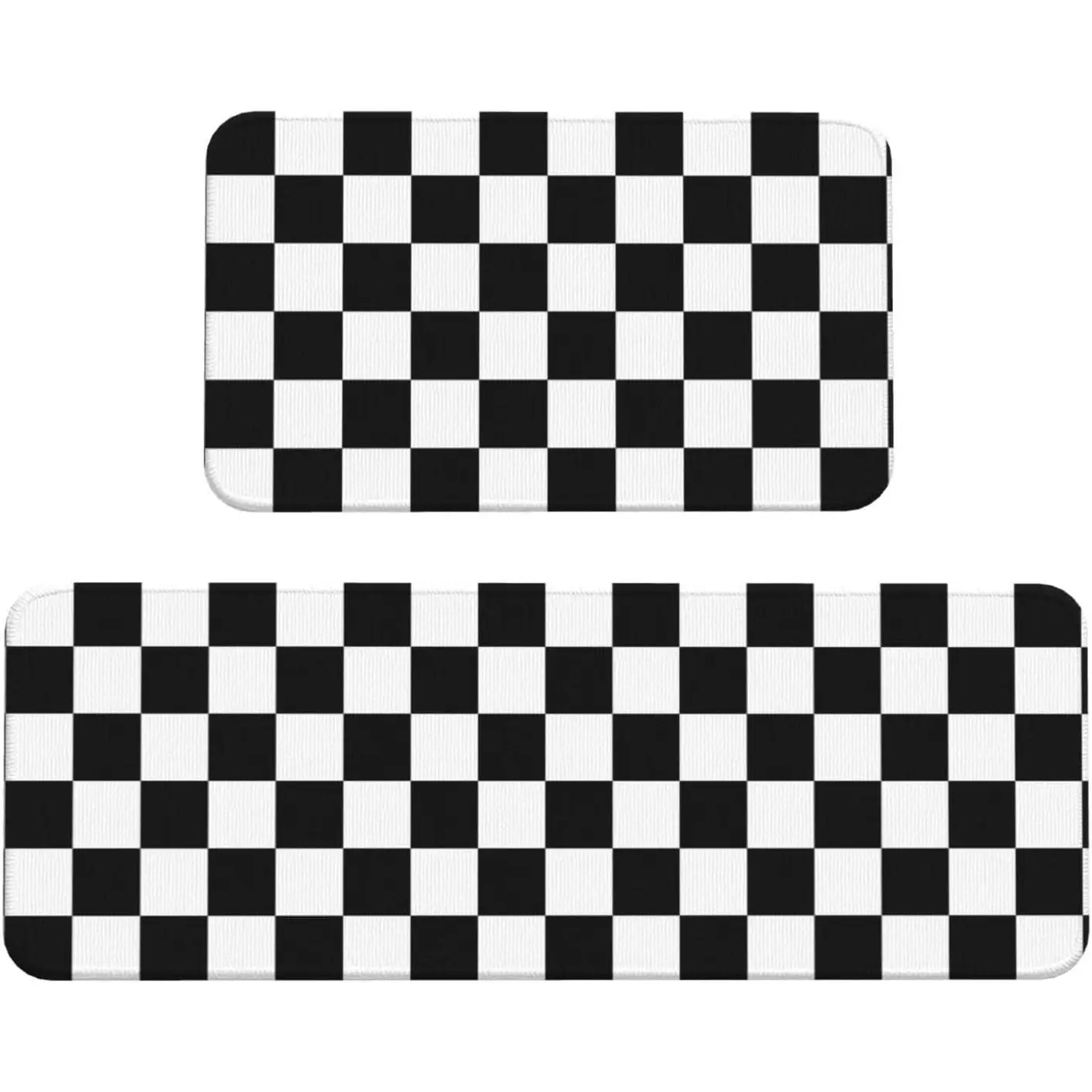 Black and White Checkered Kitchen Rugs Microfiber Floor Mats Checkerboard Cushioned Carpet Runner Rug for Laundry Bathroom Living Room, 2 Piece Set 17"X 47" + 17"X 30"
