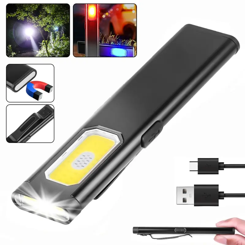 1PC Pocket Flashlight EDC Clip Light with Magnetic Base - USB-C Rechargeable Slim Flat IPX4 Waterproof Dual Modes Compact LED Flashlight ,Hat & Clothes Clip,for Everyday Carry & Travel