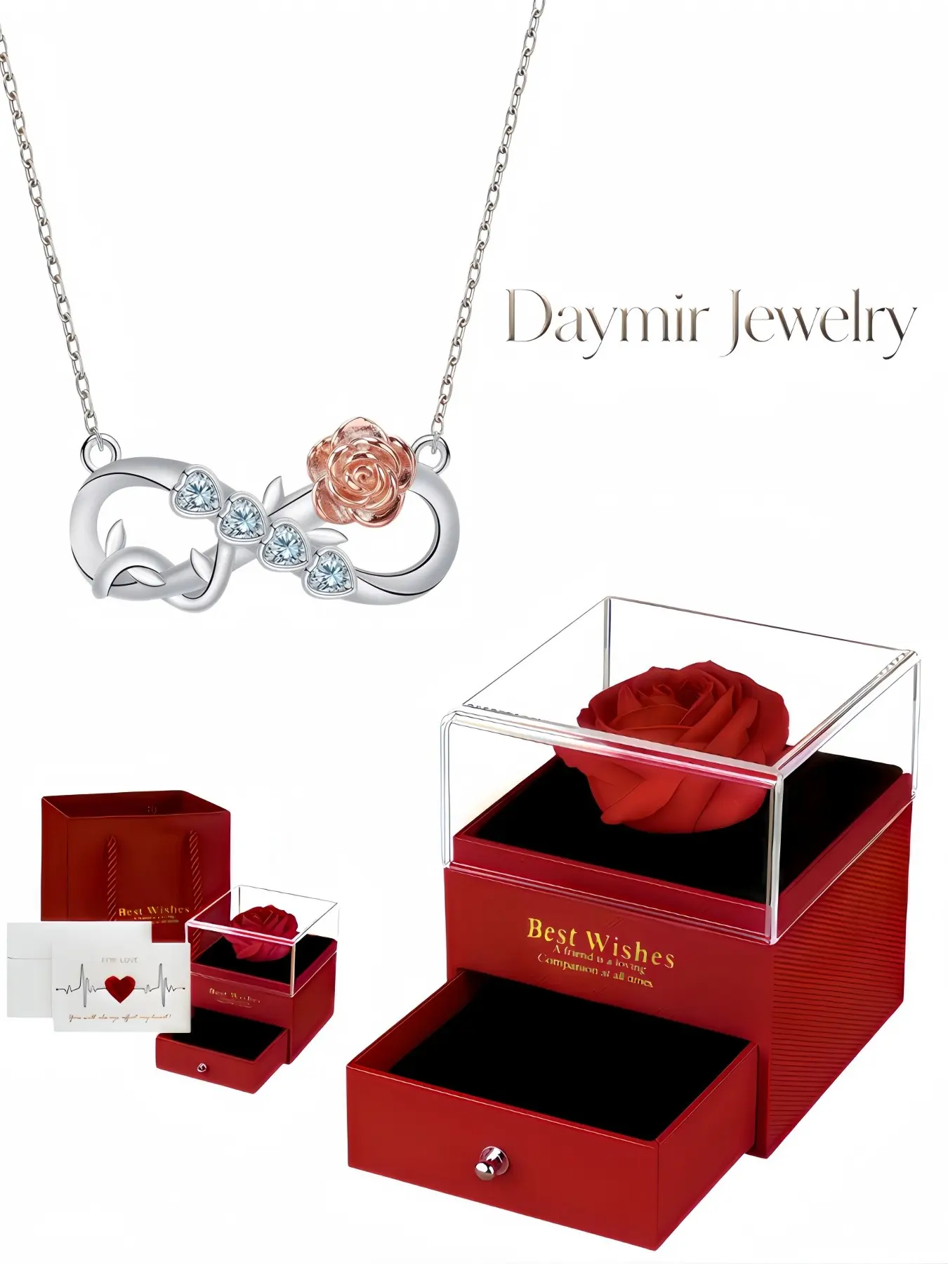 "Rose Infinity Sparkle", stylish versatile premium infinity symbol gem necklace matched with preserved rose jewelry box, ideal gifts for birthdays, Mother’s Day, Valentine’s Day and Christmas.