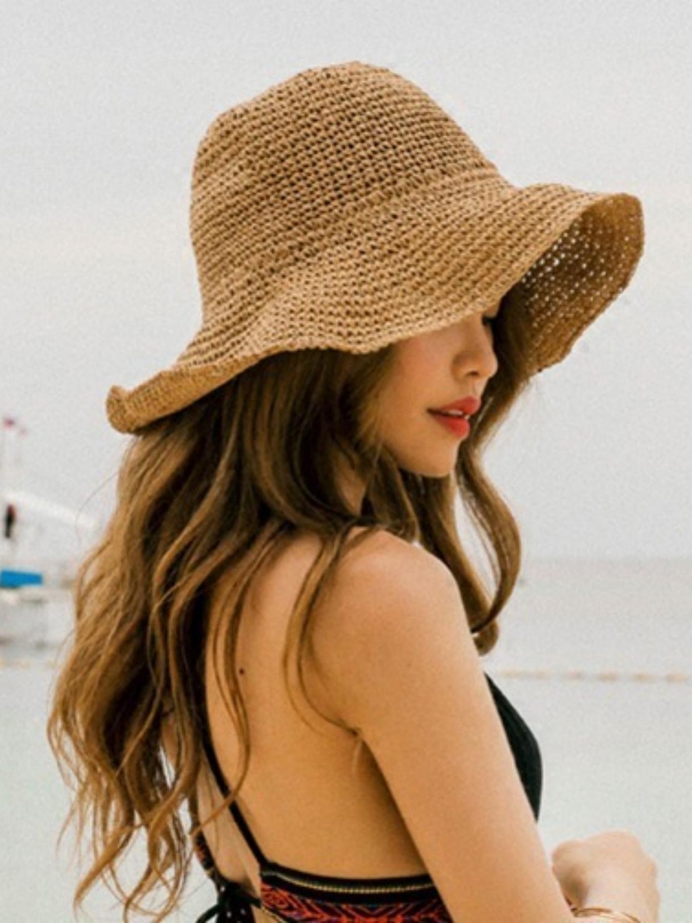 Women's Solid Color Straw Hat, Casual Outdoor Sun Protection Solar Bucket Hat for Women & Girls, Fashion Accessories for Traveling & Beach Vacation