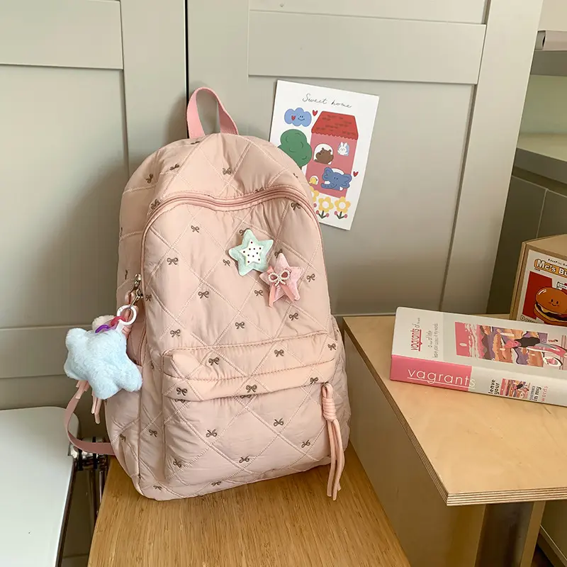 Viral Kawaii Quilted Pink Backpack For Teen Girls College School Bookbag Aesthetic Cute Star Pendant Nylon Casual Daypack Roomy Travel Campus Outfit Sweet Style Everyday Trendy Fashion Finds