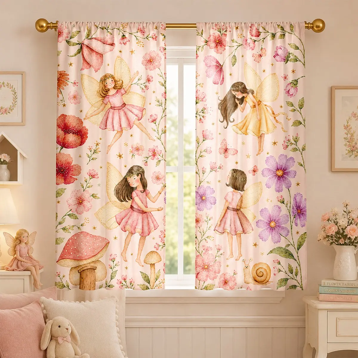 Forest Fairy Princess Curtain Set, 2-Piece Kids Blackout Watercolor Floral Mushroom Print, Girl Bedroom Baby Room Decorative Window Curtains, Window Curtain Panels