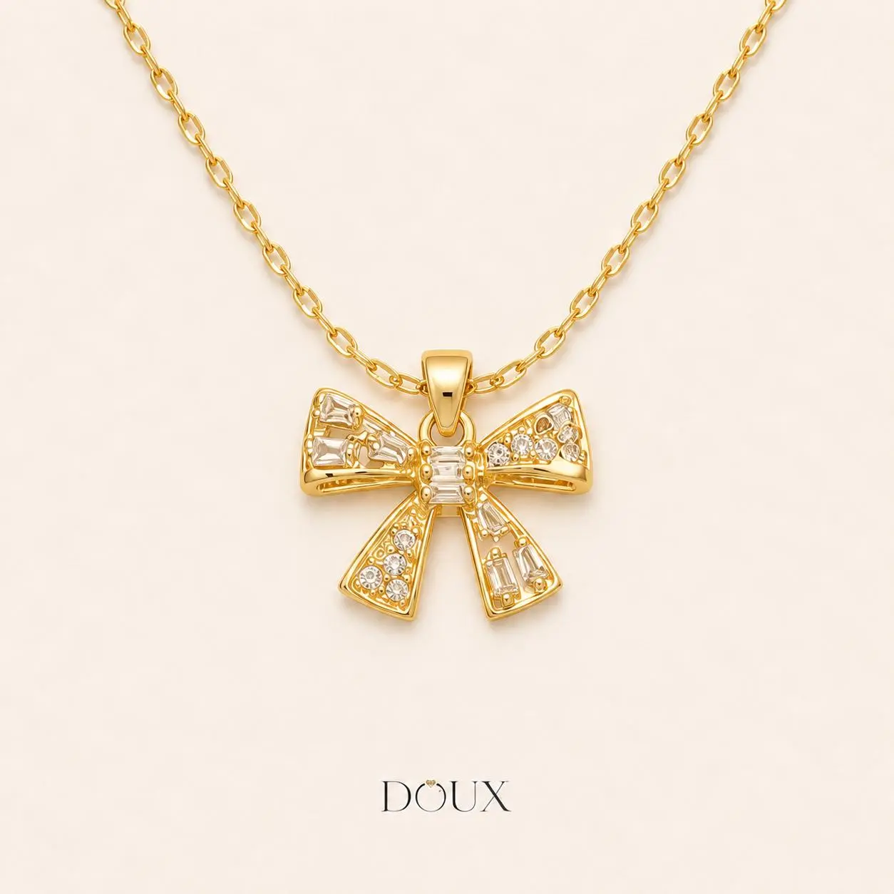 DOUX Crystal Bow Pendant Necklace for Women – Gold-Tone Rhinestone Ribbon Jewelry