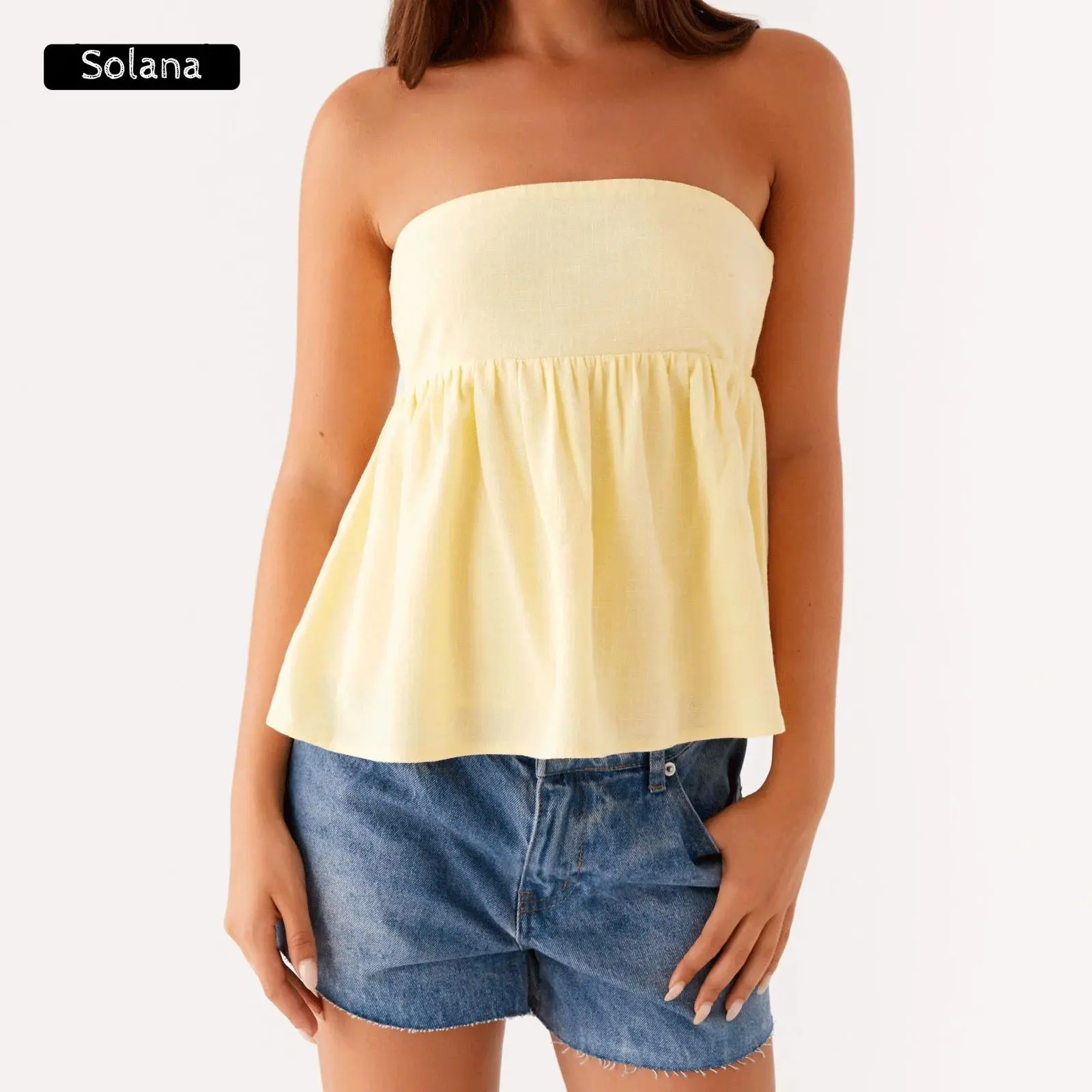 Cute Strapless Peplum Tops For Women Y2k Flowy Tube Top Teen Girls Ruffle Babydoll Bandeau Summer Tops
