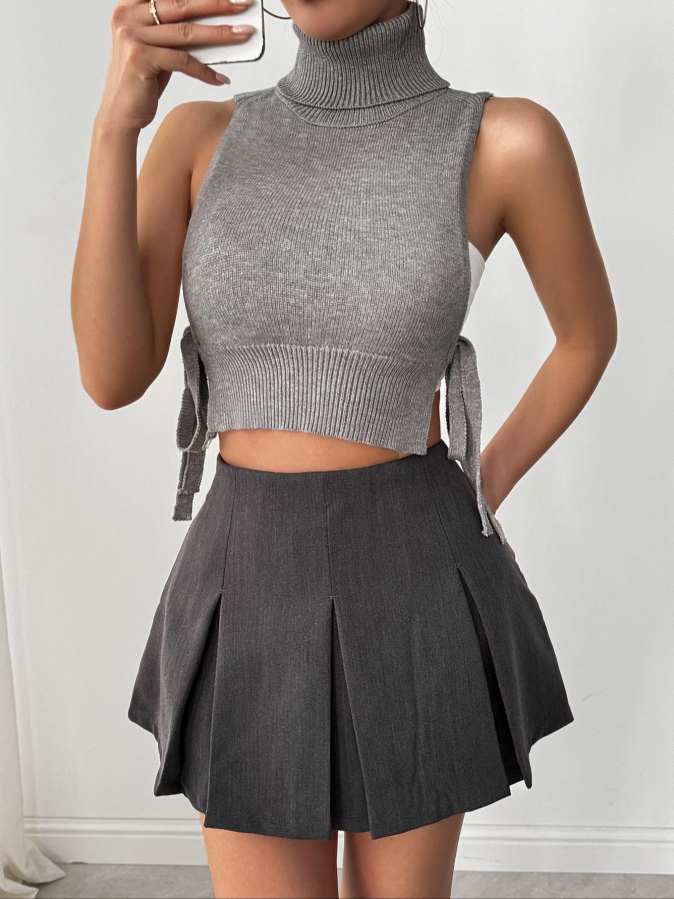 Spring Summer Women's Sexy High Neck Tie Back Vest, Fashion Outerwear, Elegant Knitted Short Jacket, Slim-Fitting Blouse