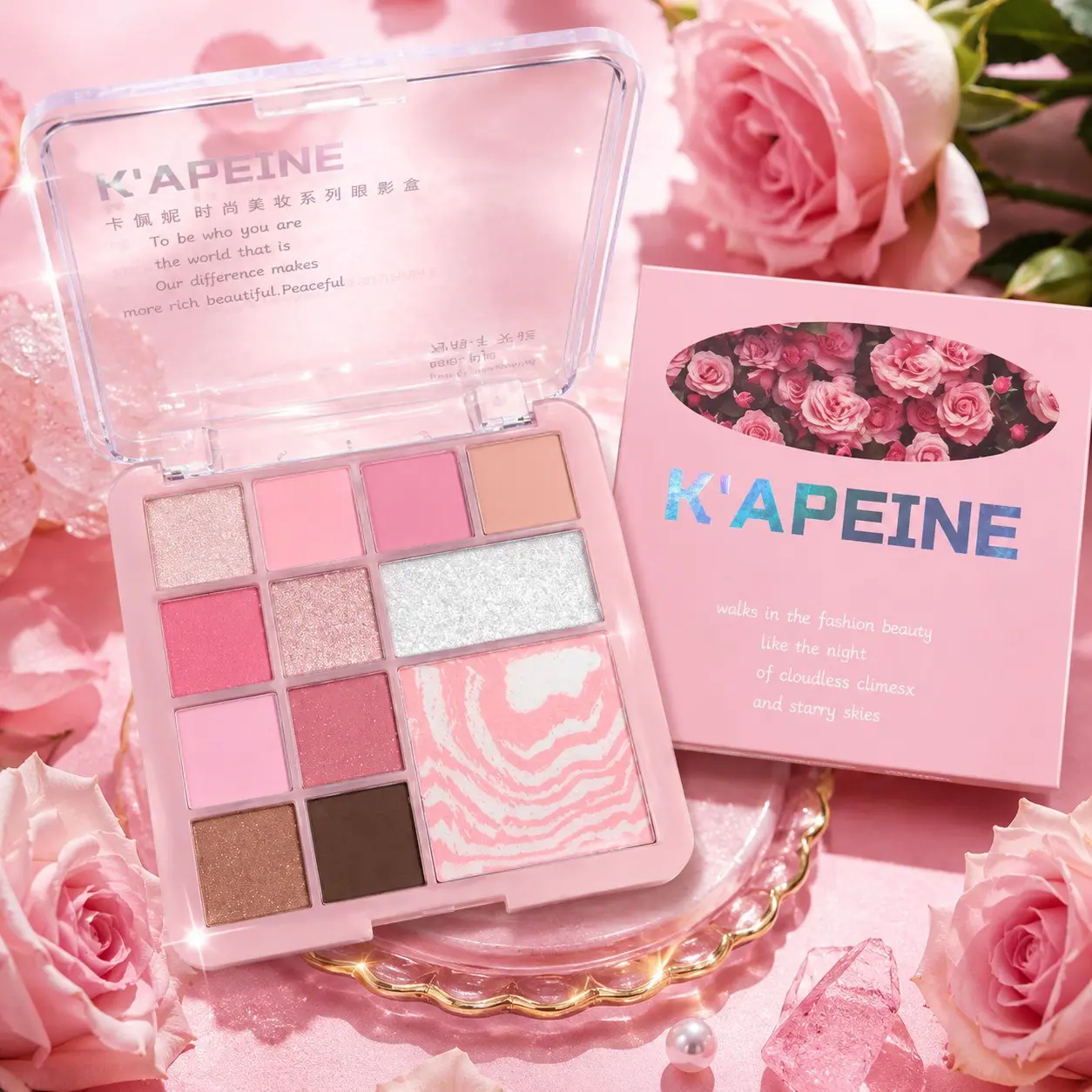 Rose Eyeshadow + Marbled Blush Palette, Matte Finish, Multiple Glitter Textures, Romantic Daily & Dating Makeup, Single Item
