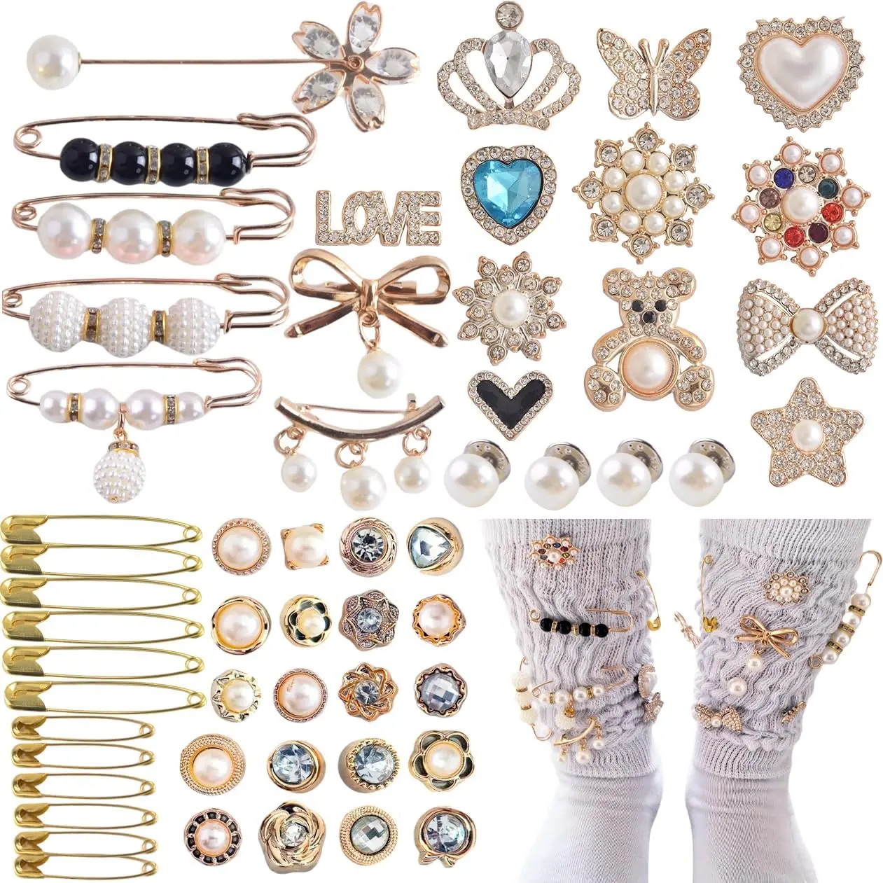 Junk Sock Charms Kit 55 count Charm for Socks Bling  Shoes Charms Brooch Pins Safety Pin  Accessories Designer