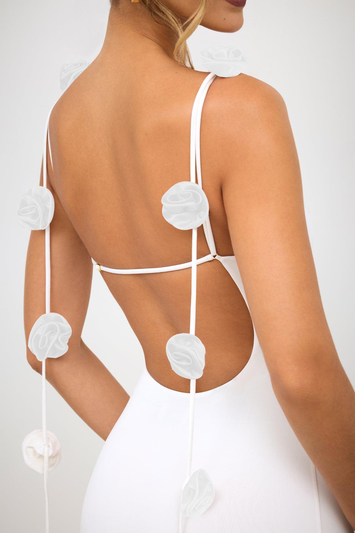 Women's sexy evening dress, backless with shoulder straps, decorated with three-dimensional flowers, long slip dress