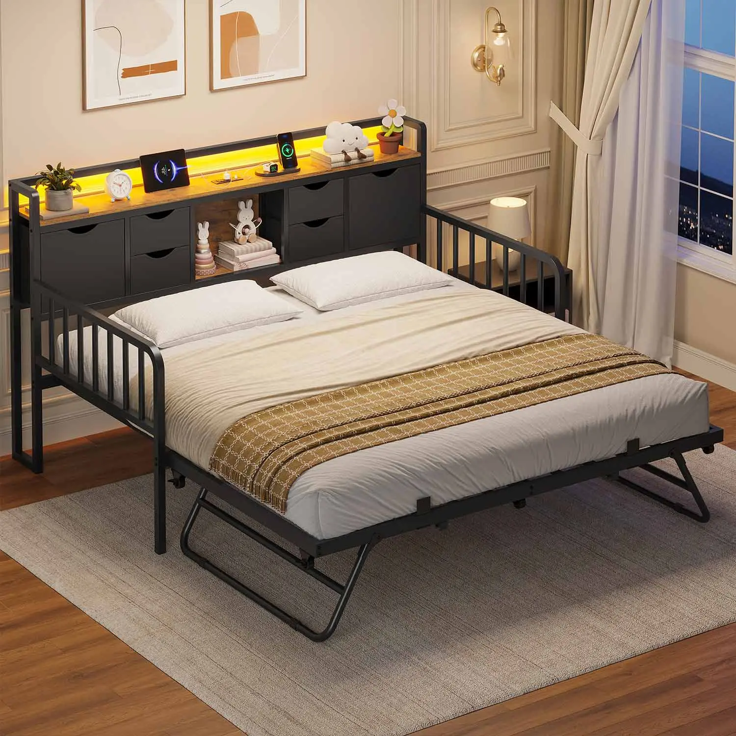 SIKAIC Contemporary Twin Bed Frame with Storage, 83.3-inch Bed, Pull-Out Daybed Trundle, Bedside Bookcase Headboard, USB Port Charging Station, Lockable Casters, Color-Changing Feature, 6 Hidden Drawers, Space-Saving Metal Easy-Assemble Indoor Furniture