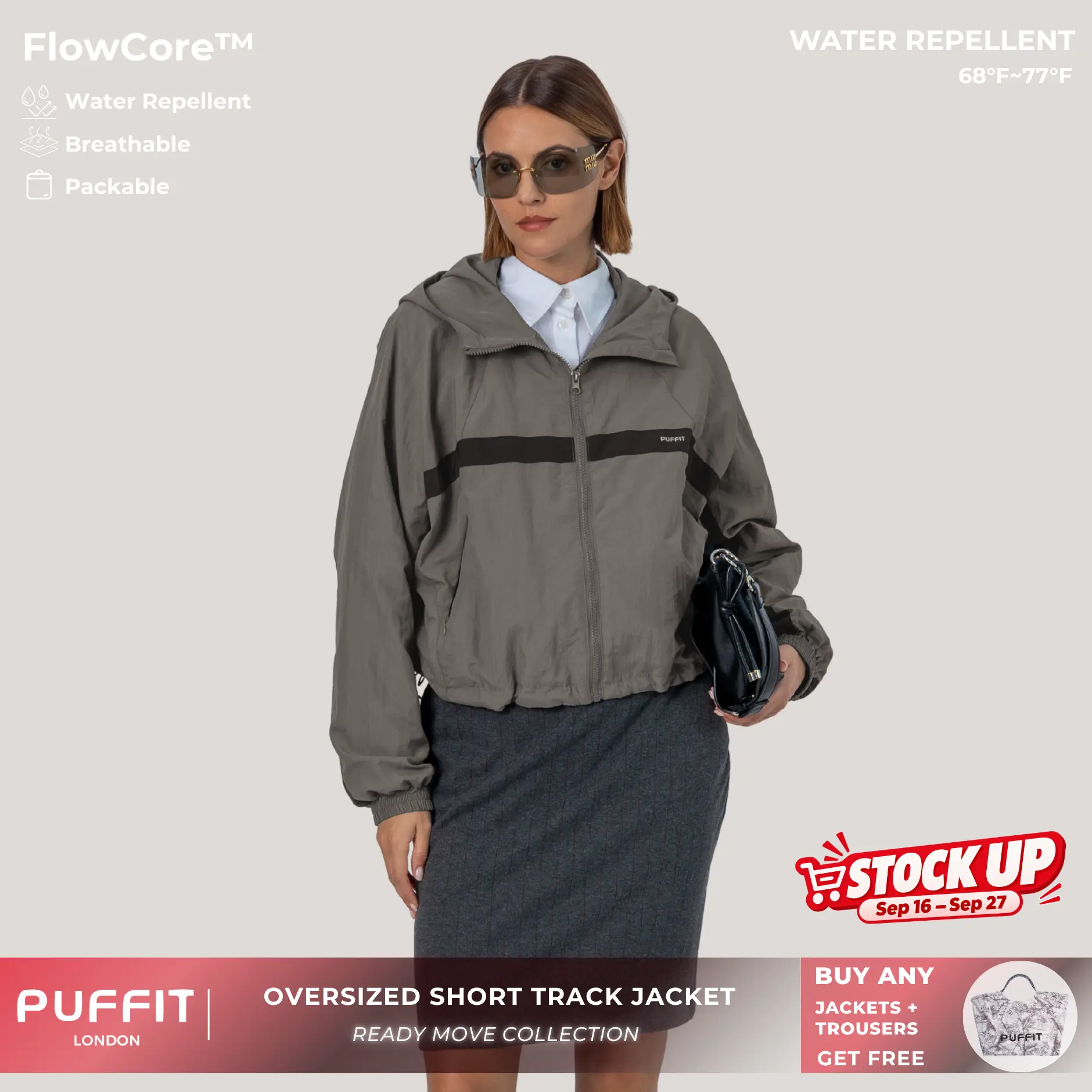 PUFFIT FlowCore Water Repellent Oversized Short Track Jacket with Elasticated Hem,Loose Fit,Windproof,Breathable,Packable,Lightweight,Outdoor Jacket,Spring Autumn,Casual Daily,Running,Hiking,Travel,Shopping,2026