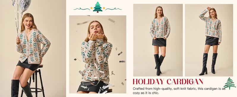 Saodimallsu Womens Floral Print V Neck Cardigan Open Front Button Down Knit Sweater Long Sleeve Loose Fashion Tops