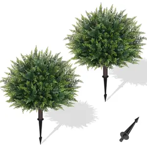 Artificial Plants Outdoor 2Pcs 23'' Artificial Cedar Topiary with Ground Spike, UV-Resistant Fake Bushes Shrubs for Outdoor Indoor Garden Front Porch Decor