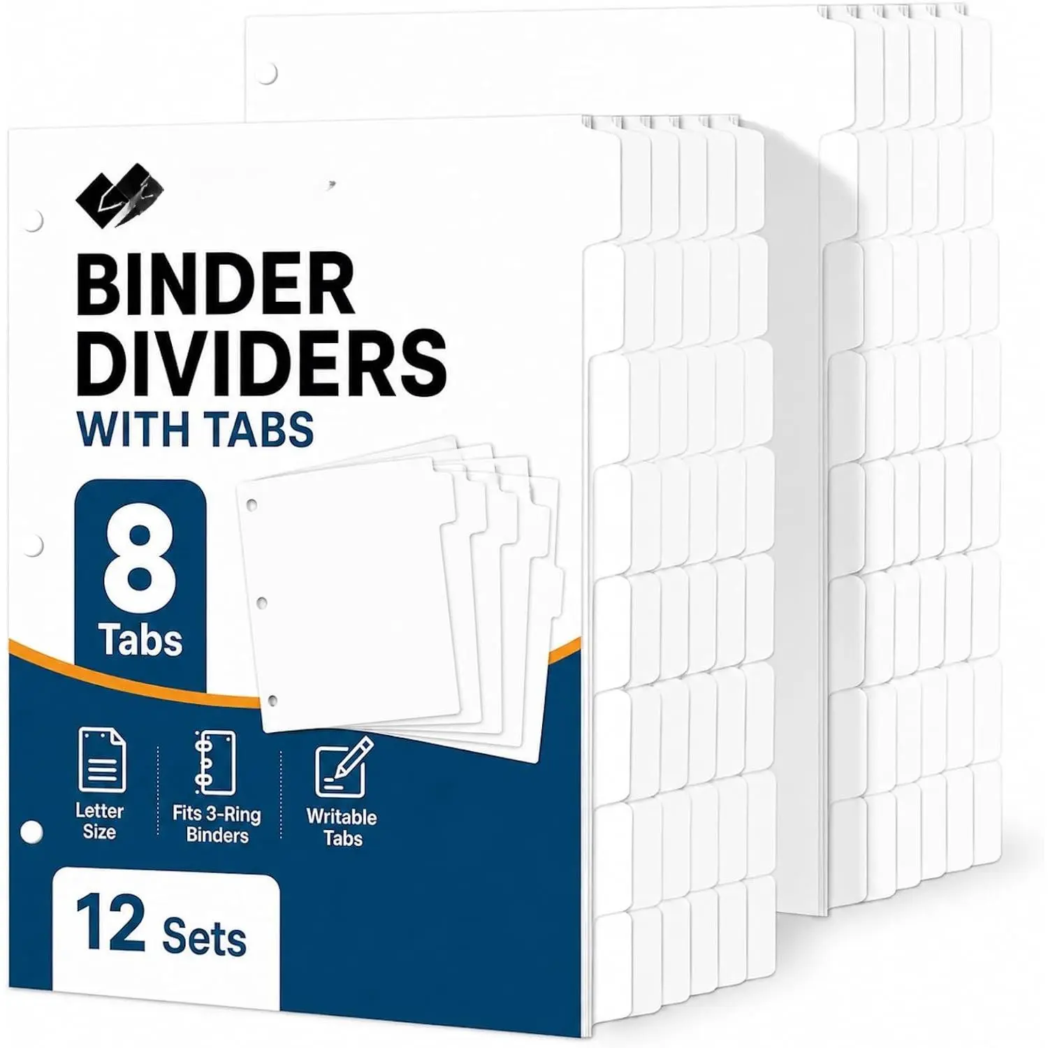 Binder Dividers with Tabs for 3 Ring Binder, White 8-Tab Index Dividers for 8.5 x 11 Letter Size Pages, Blank Writable Tabs, 12 Sets, 96 Dividers for School, Office &