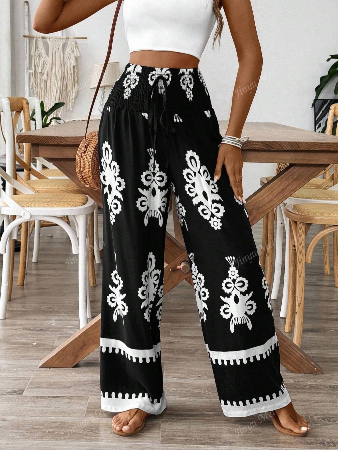 Women's Ethnic Pattern Shirred Tie Front Wide Leg Pants Comfy High Waist Trousers for Daily Holiday Vacation Wear, Ladies Casual Chic Bottoms for All Seasons, Boho Fashion Trousers