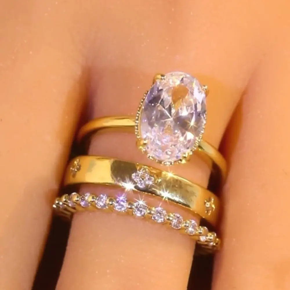 Viral 3Pcs Oval Stone Stackable Ring Set, Floral Engraved Design, Trendy TikTok Engagement & Anniversary Jewelry