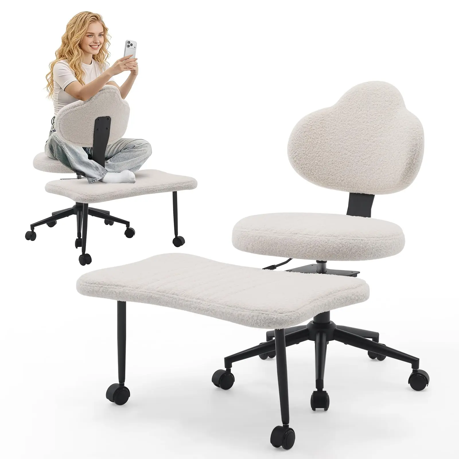 Ergonomic Cross-Legged Meditation Chair with Cloud Back, 360° Swivel, Height-Adjust Seat, 0-4.2in Footrest, Wheels, Teddy Fabric/PU Leather, for ADHD Focus, Home Office Use (Assembly Required)