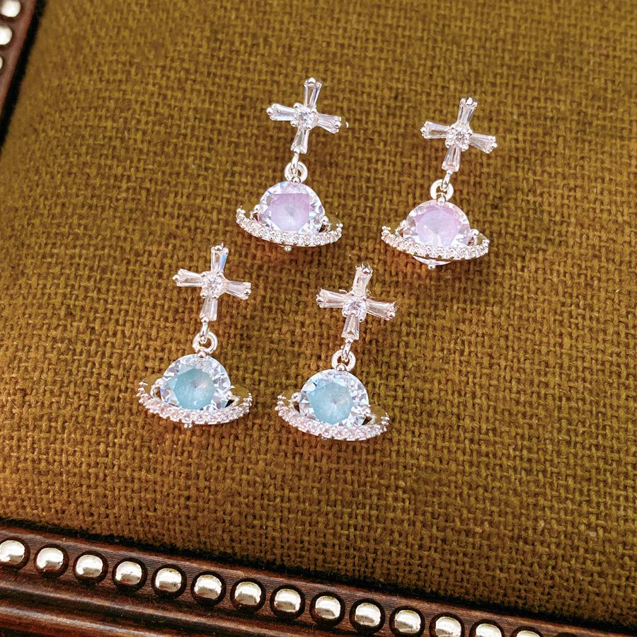 925 Silver Needle Cross Saturn Earrings | Minimalist Cool Style Zircon Planet Earrings Luxury Jewelry