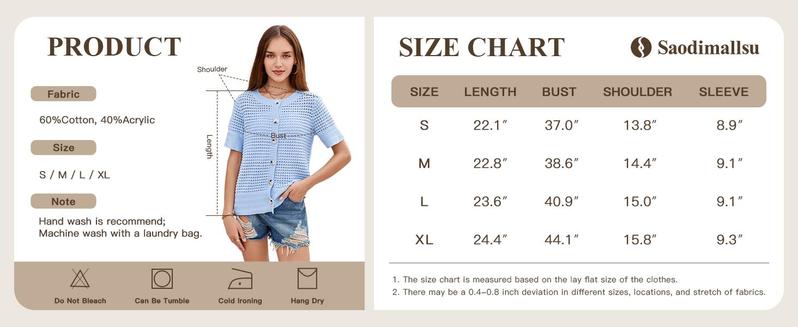 Saodimallsu Womens Crochet Short Sleeve Cardigans Button Up Crew Neck Summer Beach Knit Sweater Tops
