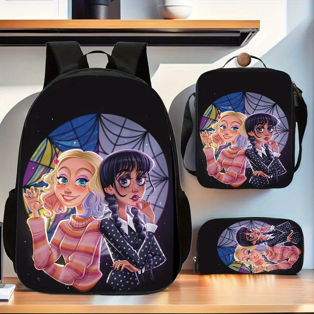 Wednesday and Inid's stained glass black background three-piece school bag set includes a backpack, insulated lunch bag, and pencil case, suitable for daily use by teenagers at school