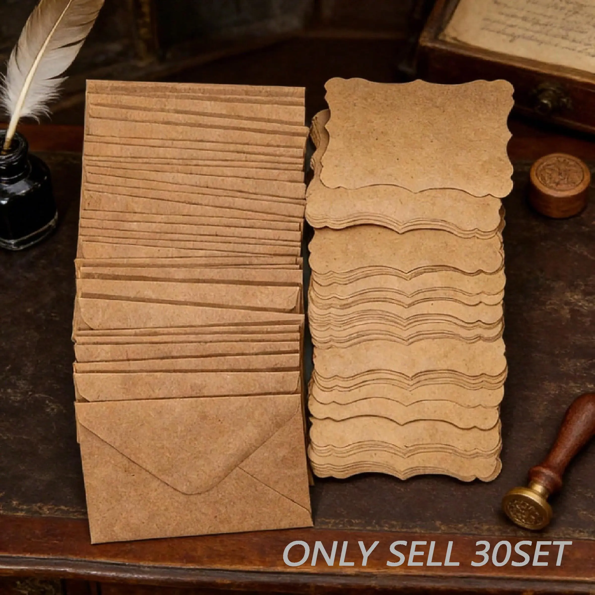 60pcs Creative Kraft Paper Envelope and Gift Card Set, Vintage Envelopes with Blank Wavy Lace, 30 Envelopes + 30 Greeting Cards, Thank You Cards With Envelopes