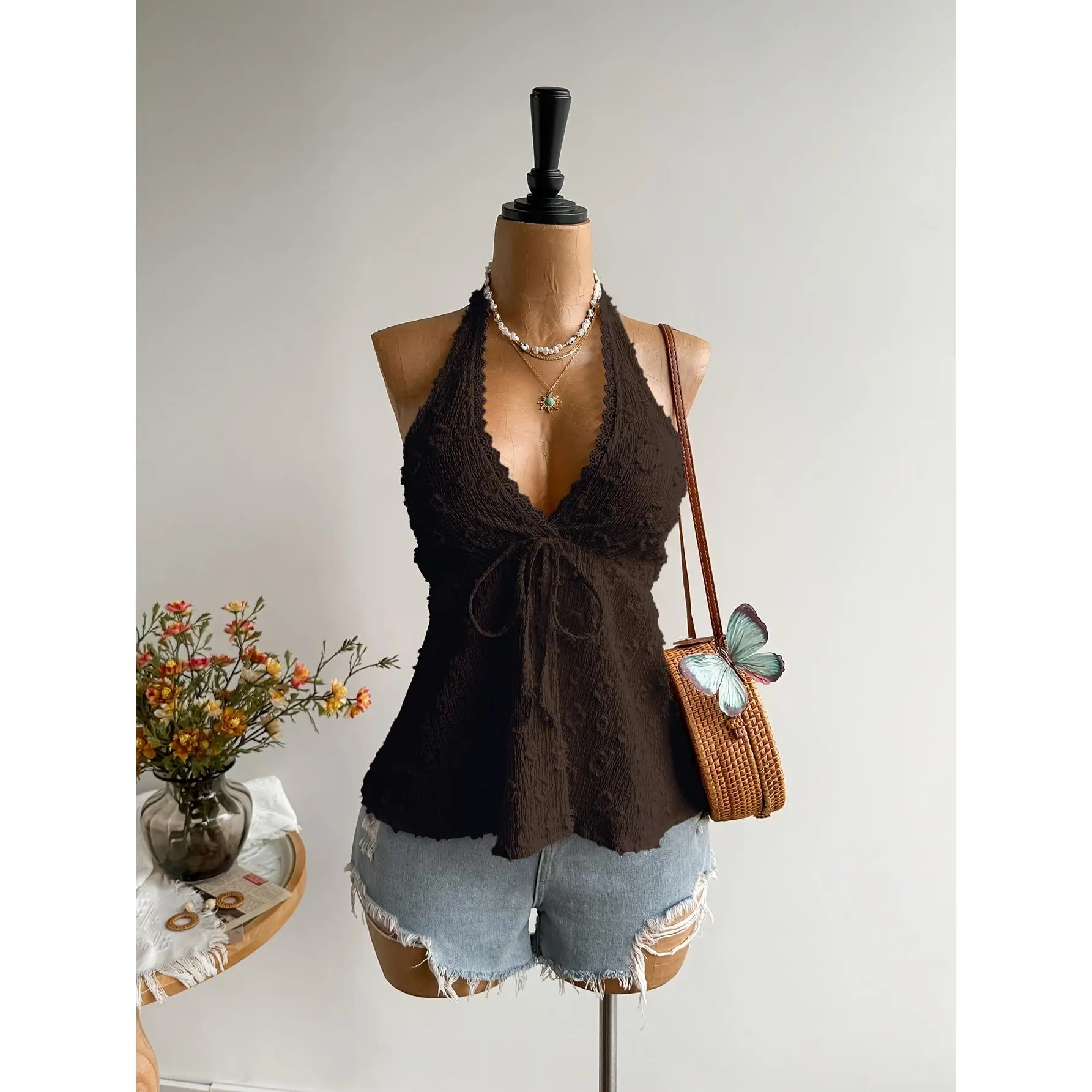 Bohemian Style Backless Casual Vacation Camisole, Suitable for Christmas, Valentine's Day, New Year, Parties, Beaches, Music Festivals, and Tropical Celebrations