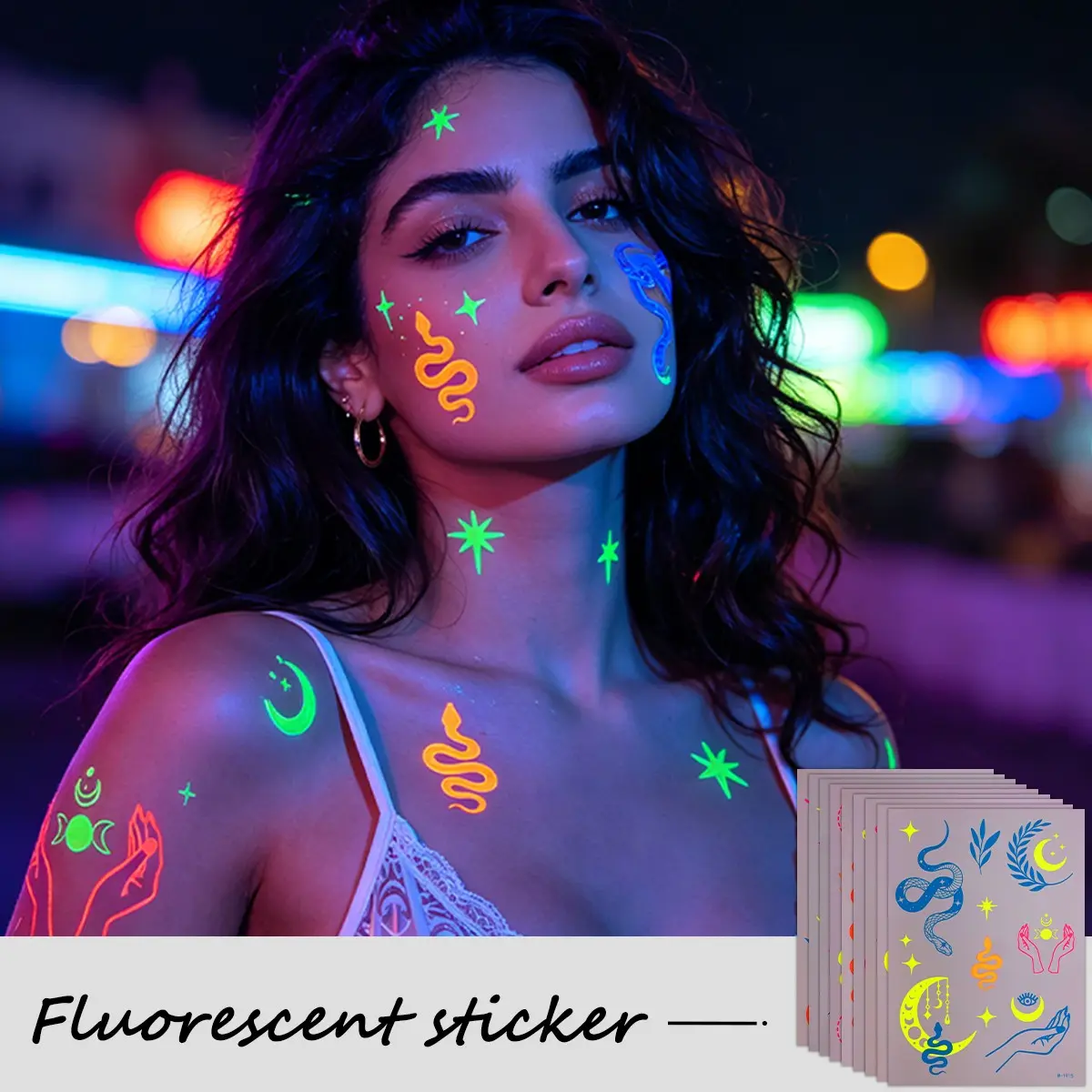 9pcs Y2K Neon Temporary Tattoo Stickers, Glowing UV Body Art Tattoos, Multiple Designs for Night Parties and Music Festivals