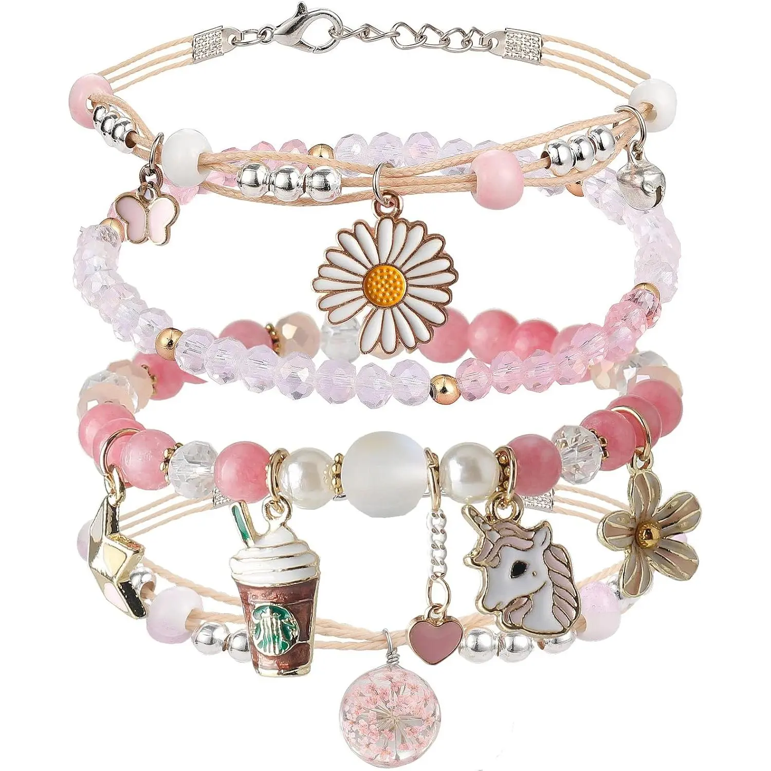 4 count Beaded Charm Bracelets for Teen Girls Adjustable Birthday  | / Bea,Cute Cartoon Details,Fits Women/Girls,Stretch,Daily/Party Wear,Frienhip ,for Ages 6-12