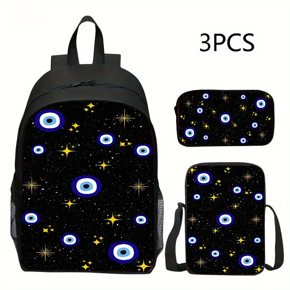 Evil Eye 3-Piece Backpack Set - Includes 1 shoulder bag, 1 crossbody bag, and 1 pencil case - Lightweight Oxford cloth with adjustable shoulder strap - Perfect for school, travel, and back-to-school gifts.