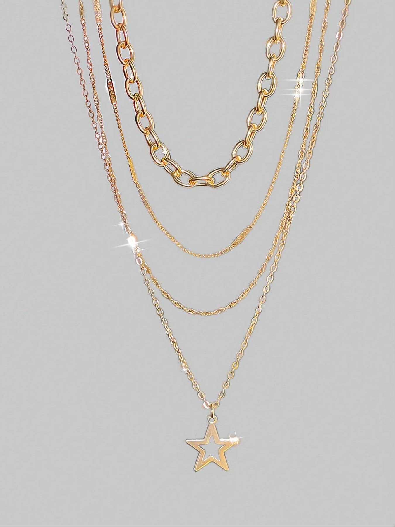 4-Piece Punk Style Star Pendant Necklace Set, Unique Layered Design, Ideal Gift for Punk Fashion Lovers, Modern Versatile Accessories